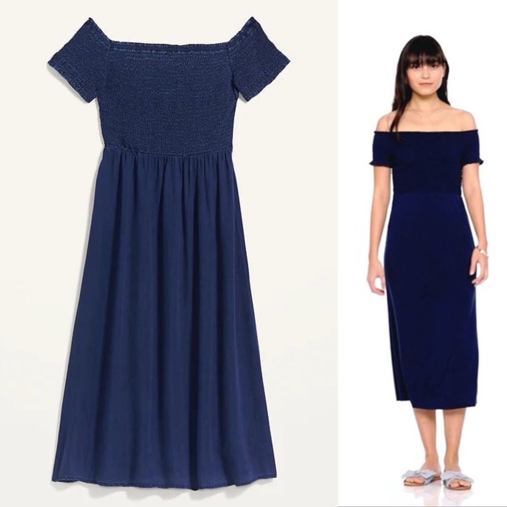 OLD NAVY•off shoulder smocked fit & flare chambray midi dress S NWT